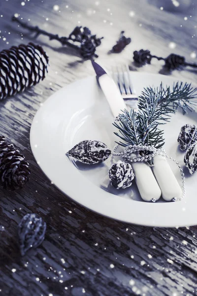Closeup View Table Served Christmas Dinner Decorated Pine Cones — Stock Photo, Image