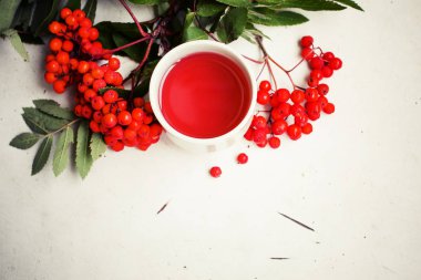 bitkisel çay Kupası masada kırmızı çilek ile