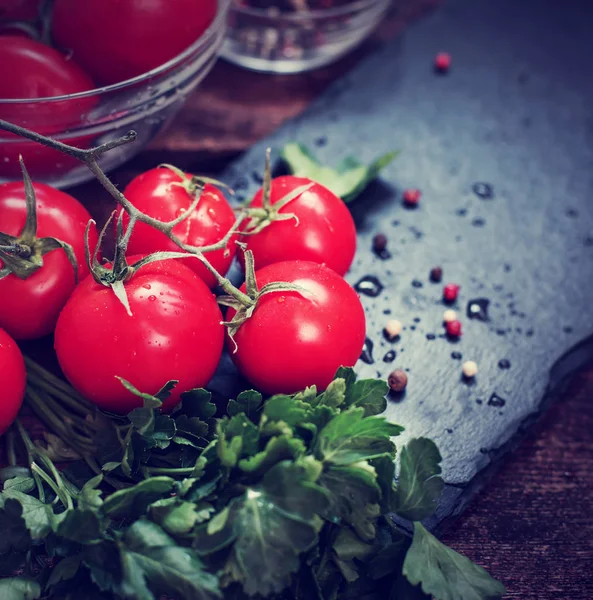 Appetizing Branches Tomatoes Wooden Table — Stock Photo, Image