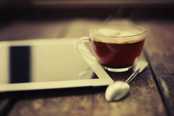 Closeup View Coffee Cup Ice Digital Tablet Lying Wooden Table — Stock Photo, Image