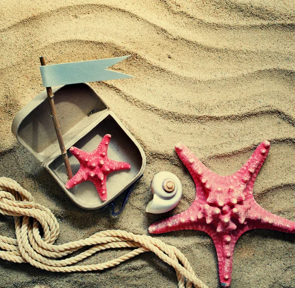 Vista Close Estrelas Mar Brinquedos Praia Sobre Areia — Fotografia de Stock