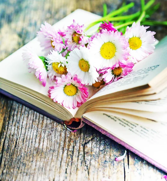Bright Bouquet Daisies Open Book Wooden Table — Stock Photo, Image