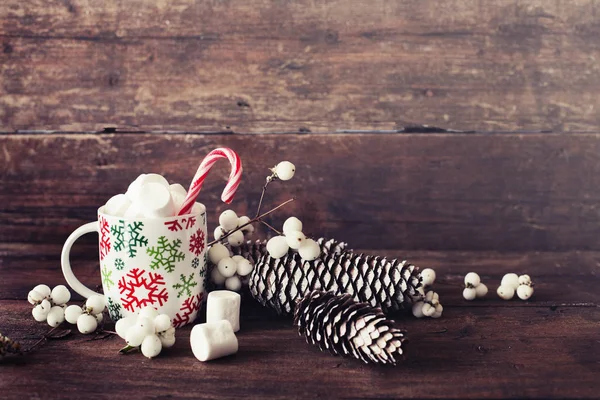 Closeup View Coffee Cup Marshmallows Christmas Decorations Wooden Table — Stock Photo, Image