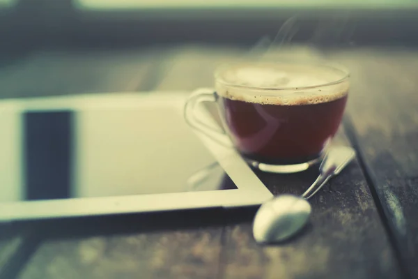 Closeup View Coffee Cup Ice Digital Tablet Lying Wooden Table — Stock Photo, Image