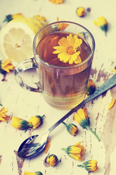 Taze Çay Bardağı Limon Ahşap Masa Üzerinde Görünümünü Portre — Stok fotoğraf