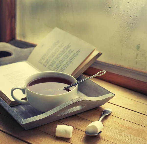 Closeup View Fresh Tea Cup Book Wooden Table — Stock Photo, Image