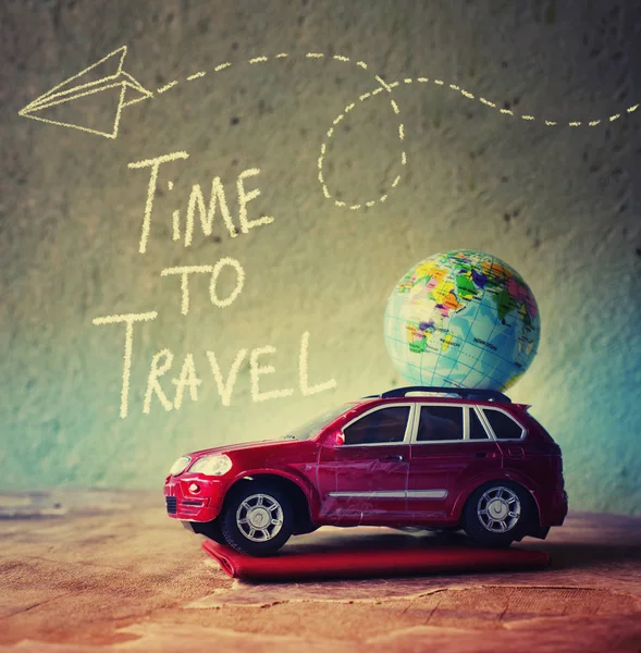 Closeup View Car Globe Grey Wall Travel Concept — Stock Photo, Image