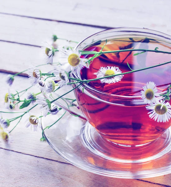 Taze Çay Kupası Ahşap Masa Üzerinde Papatya Ile Portre Görünümü — Stok fotoğraf