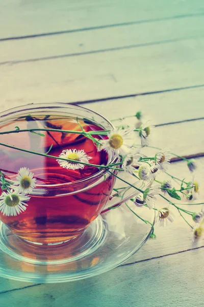 新鲜的茶杯与雏菊在木桌上的特写镜头视图 — 图库照片