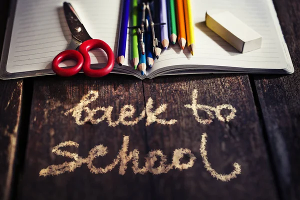 Closeup View Different School Supplies Wooden Table Back School Concept — Stock Photo, Image