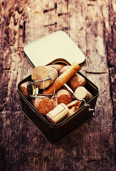 Corkscrew Corks Vintage Colors Weathered Wooden Table — Stock Photo, Image