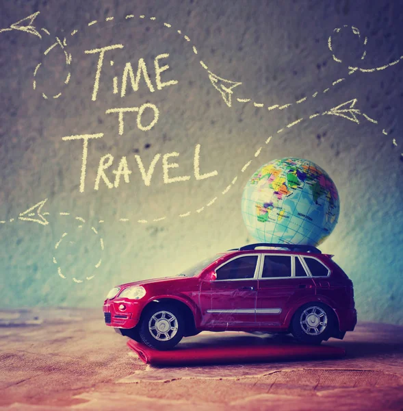 Closeup View Car Globe Grey Wall Travel Concept — Stock Photo, Image