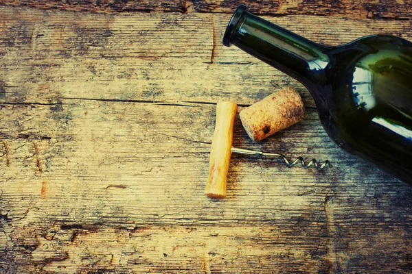 Wine Bottle Cork Corkscrew Wooden Background — Stock Photo, Image