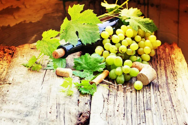 Bottle White Wine Grape Corks Wooden Table — Stock Photo, Image