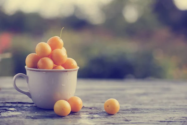 Big Yellow Cherry Plums White Cup Blurred Background — Stock Photo, Image