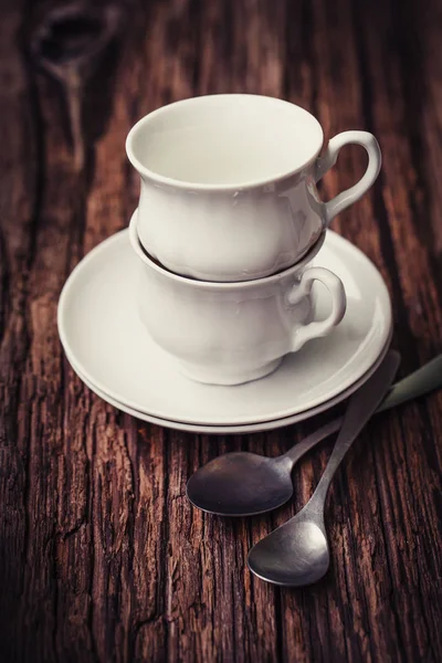 Cups Stacked Spoons Wooden Background — Stock Photo, Image