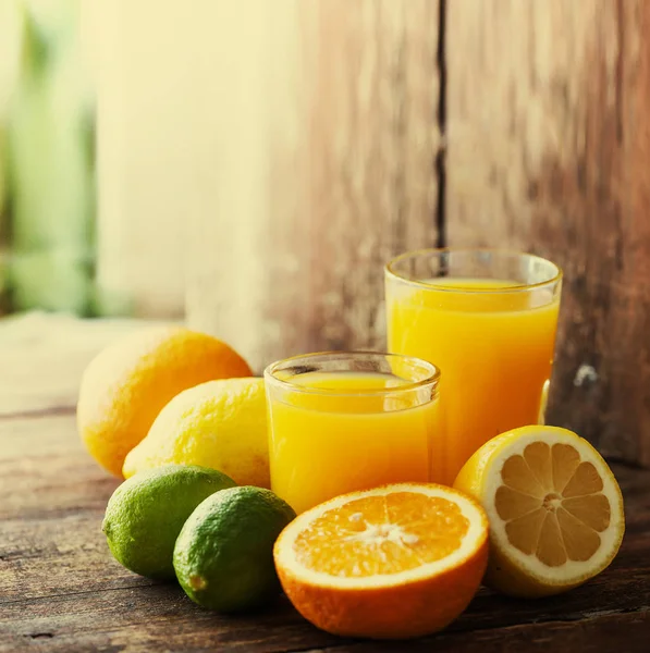 Orange Juice Oranges Wooden Background — Stock Photo, Image