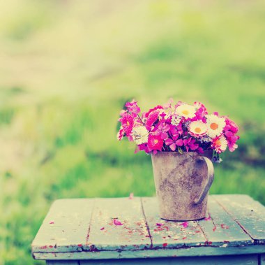 rustik ahşap dışkı açık havada üzerinde metal kabı içinde renkli taze kır çiçekleri buketi