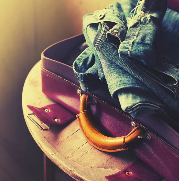 closeup view of clothes packed in suitcase