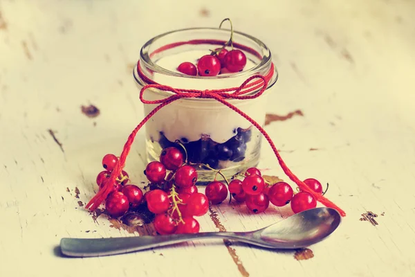 Closeup View Berries Yogurt Drink Wooden Table — Stock Photo, Image