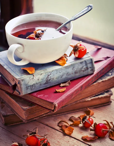 Closeup View Fresh Tea Cup Books — Stock Photo, Image