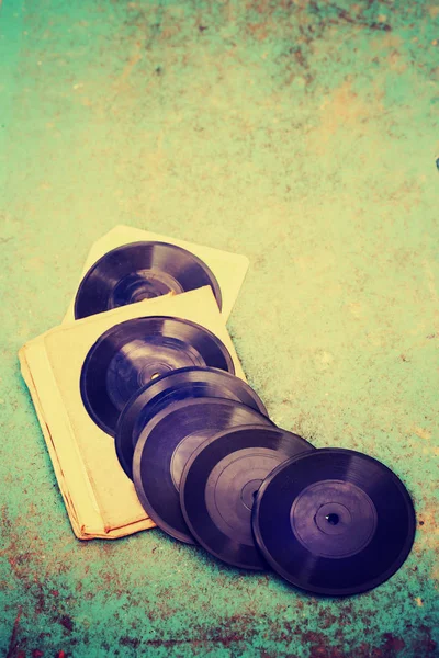 Closeup View Vinyl Records Heap Wooden Table — Stock Photo, Image