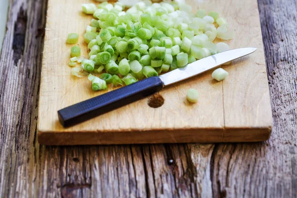 Green Onion Chalkboard Knife Wooden Background — Stock Photo, Image