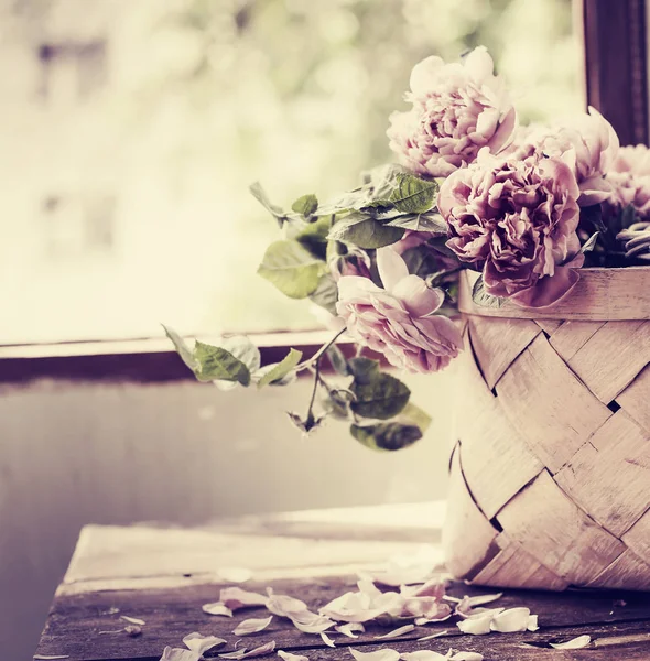 Fresh Peonies Leaves Basket Wooden Table — Stock Photo, Image