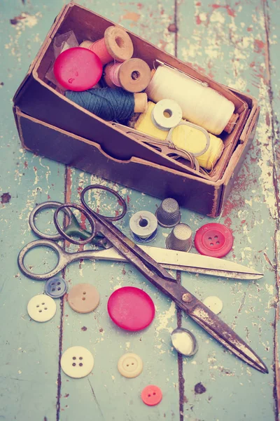 Vintage Sewing Tools Wooden Table — Stock Photo, Image