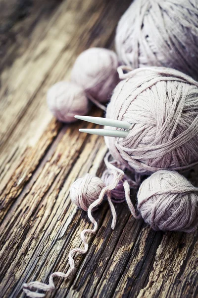 Colorful Threads Knitting Needles Wooden Background — Stock Photo, Image