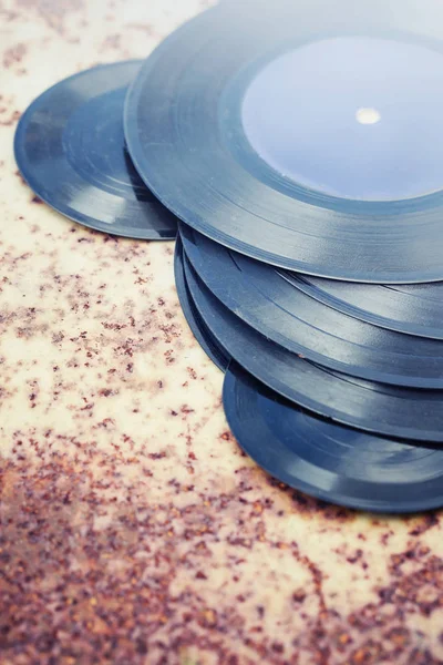 Closeup View Vinyl Records Heap Wooden Table — Stock Photo, Image