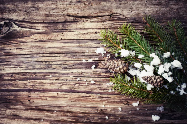 Top Uitzicht Houten Tafel Ingericht Door Kerstmis Fir Tree Takken — Stockfoto