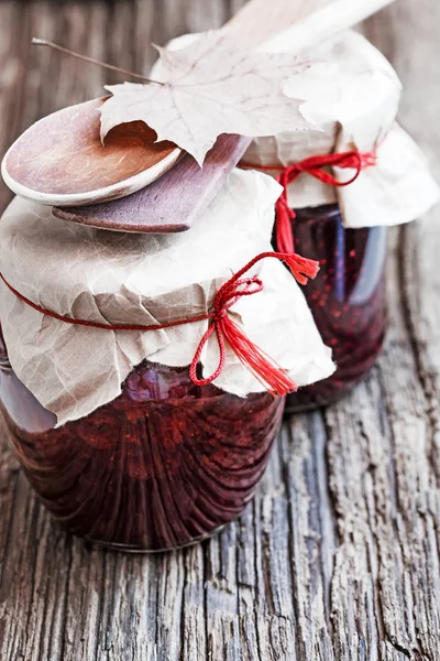 Seasonal Berry Jam Canned Jars Wooden Table — Stock Photo, Image