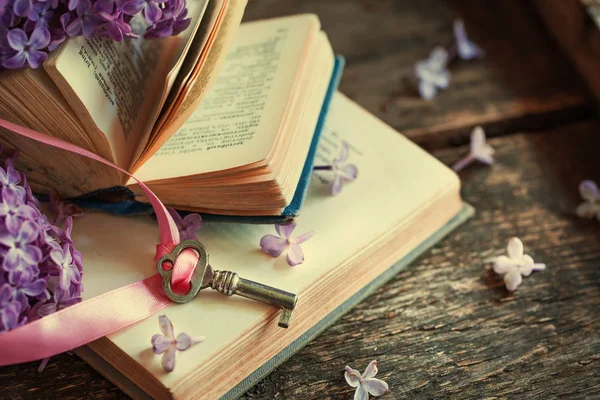 open book with key and lilac flowers