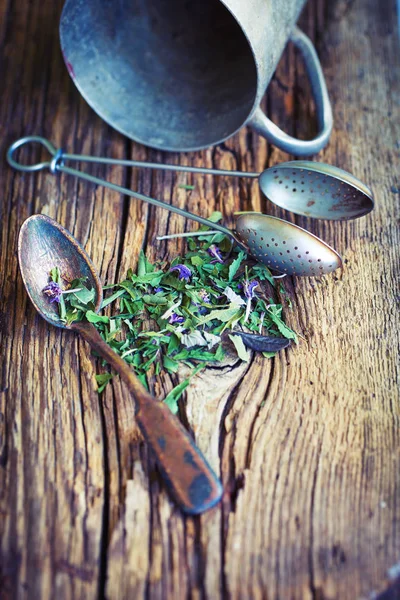 Vértes Nézet Száraz Tea Gyógynövények Felett Háttér — Stock Fotó