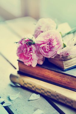 ahşap masa üzerinde yığılmış Kitaplar eski vintage güllerinin pembe şakayık