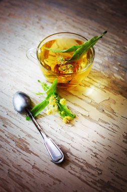 taze çay Kupası ahşap arka plan üzerinde bitkilerle closeup görünümü