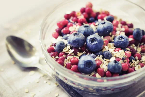 Closeup View Bowl Oatmeal Flakes Berries — Stock Photo, Image