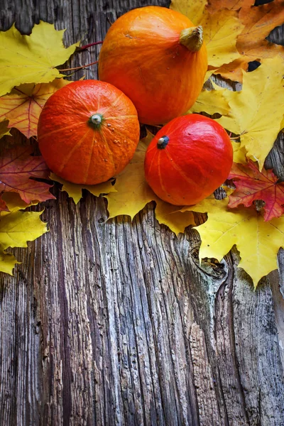 Top View Autumn Leaves Placed Heap Pumpkins Wooden Table — Stock Photo, Image