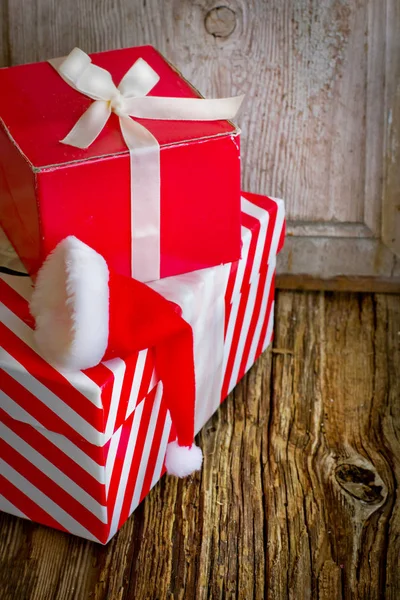 Closeup View Wrapped Christmas Gifts Holiday Decorations — Stock Photo, Image