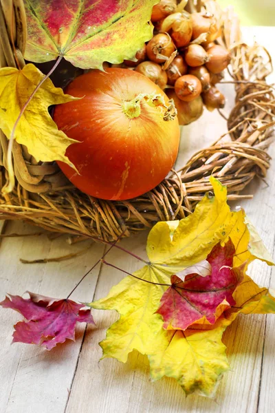 Closeup View Autumn Leaves Pumpkins Wooden Table — Stock Photo, Image