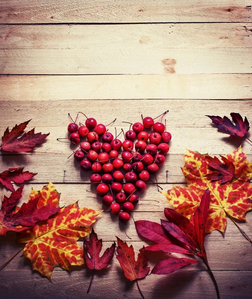 Cute Cherries Heart Autumn Leaves Wooden Background — Stock Photo, Image