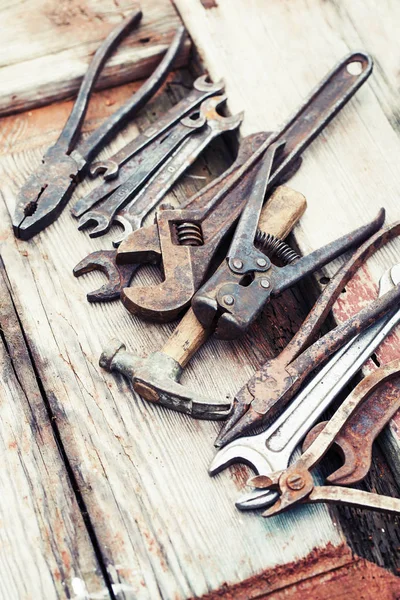 Set Old Rusty Hand Tools Wooden Table — Stock Photo, Image