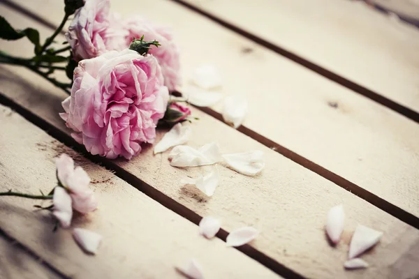 花园木桌鲜切粉红牡丹玫瑰 — 图库照片
