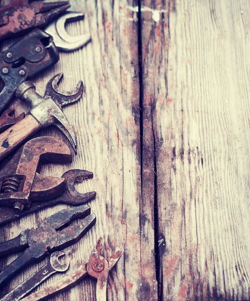 Set Old Rusty Hand Tools Wooden Table — Stock Photo, Image