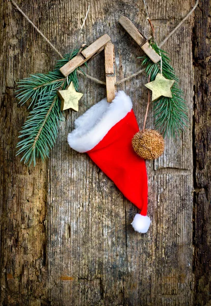 Closeup View Christmas Decorations Vintage Style Hanging Rope Wooden Background — Stock Photo, Image