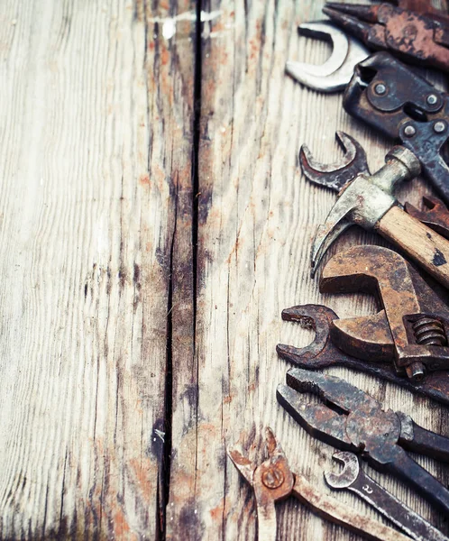 Set Old Rusty Hand Tools Wooden Table — Stock Photo, Image