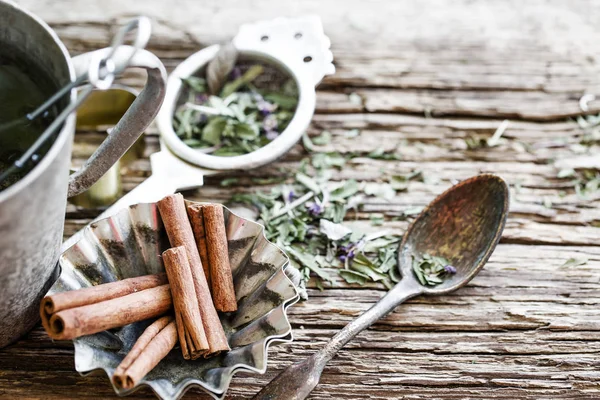 Closeup View Dry Tea Herbs Wooden Background — Stock Photo, Image