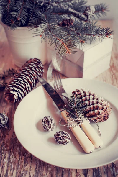 Closeup View Plate Fork Knife Pine Cones Holiday Decorations Wooden — Stock Photo, Image