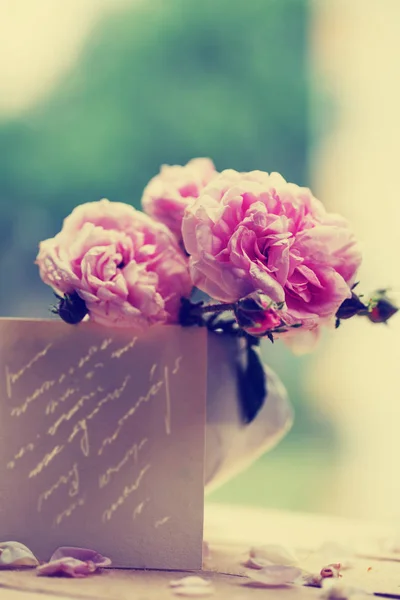 Vértes Kilátás Gyönyörű Rózsaszín Rózsa Pot — Stock Fotó